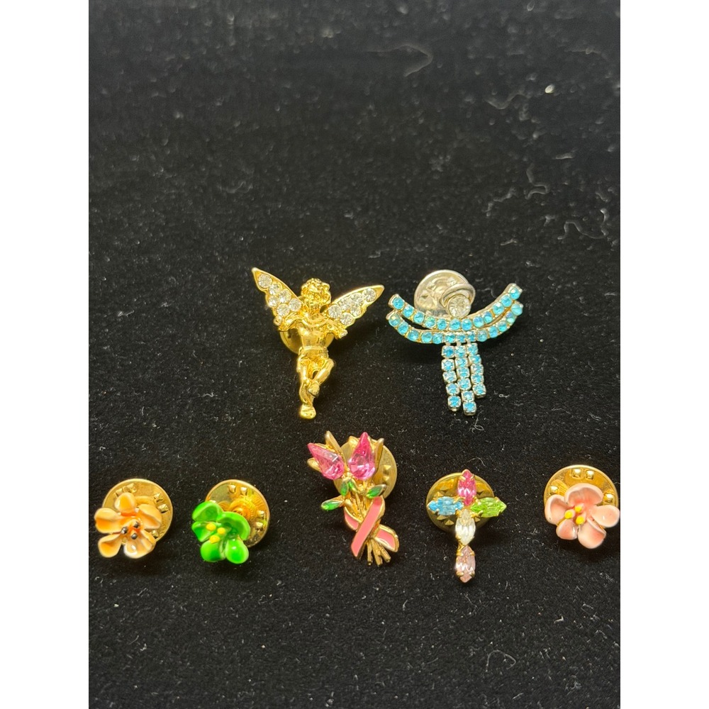 Vintage Mixed Lapel Pin Lot 7pc Angel Cross Floral Rhinestone Enamel Gold‎ Tone